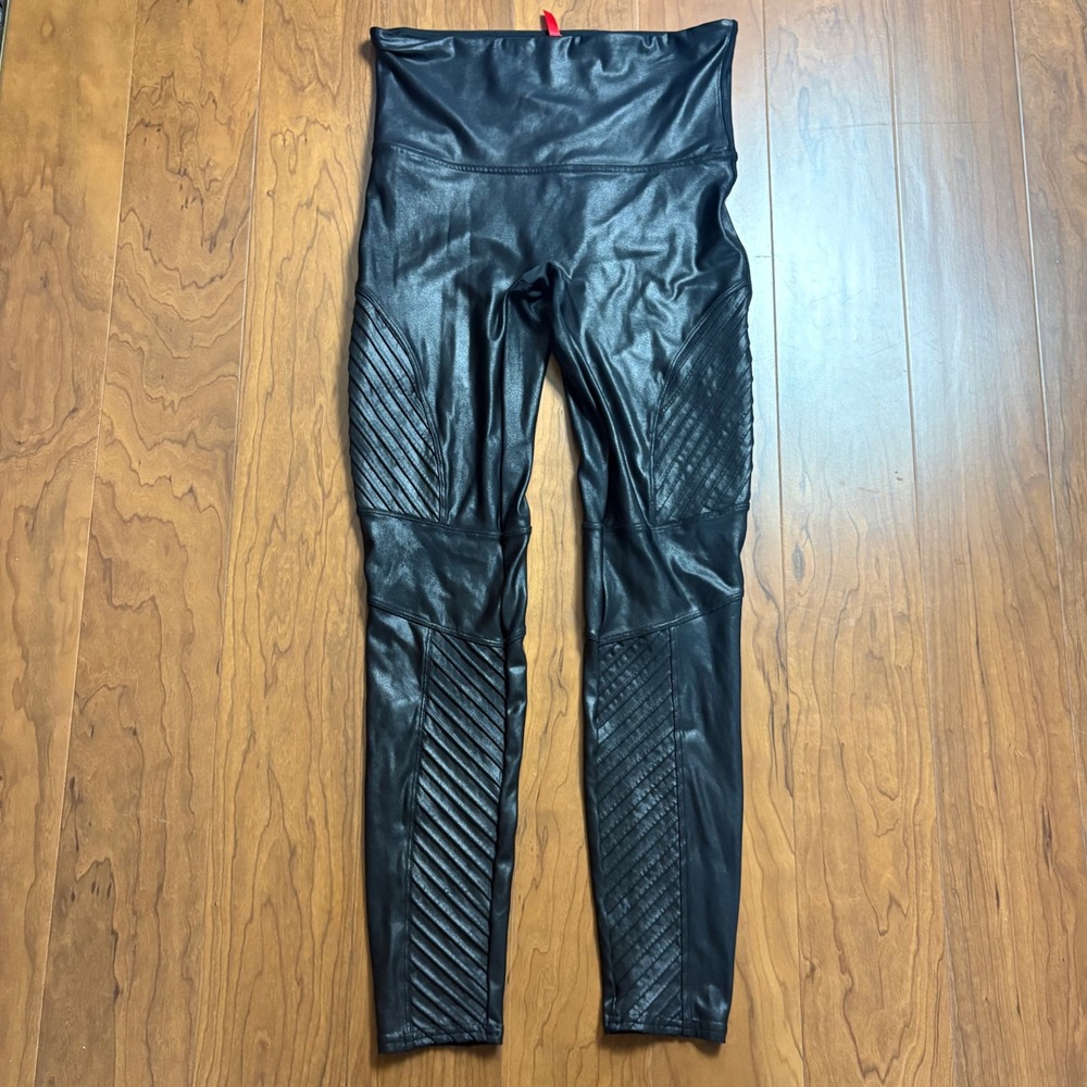 Spanx Moto Faux Leather Leggings Black High Waist XL 20135R Ribbed Moto Details
